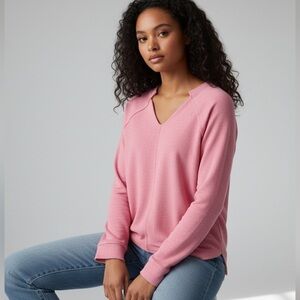 Hem & Thread Pink V-Neck Cropped Sweatshirt, size M NWT